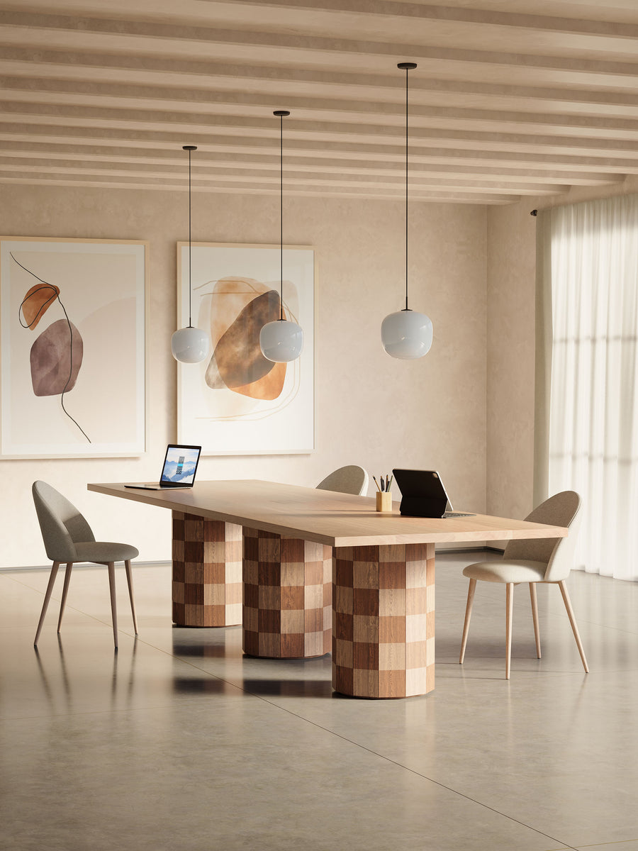 long pedestal table in oak