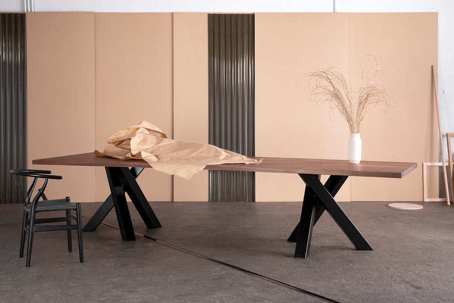 wood dining table with steel legs