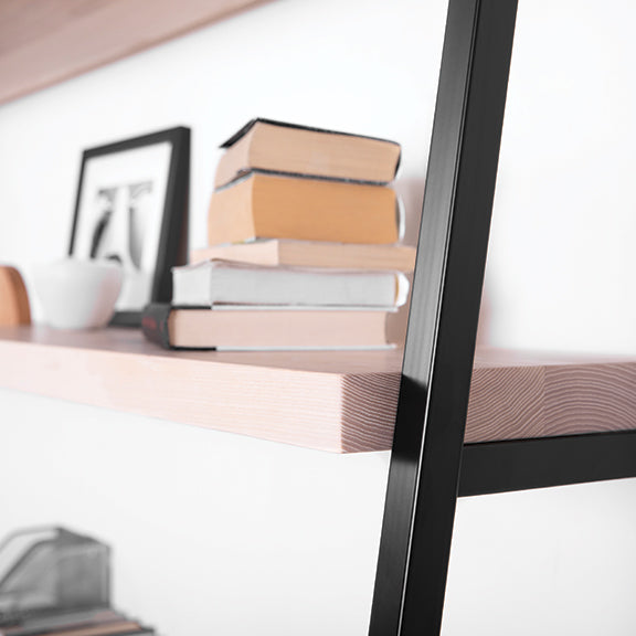 wood and metal open shelves and cabinet