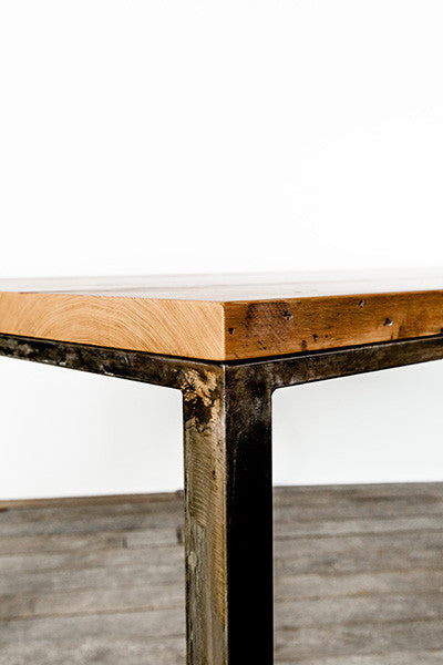 wood and steel dining table - detail
